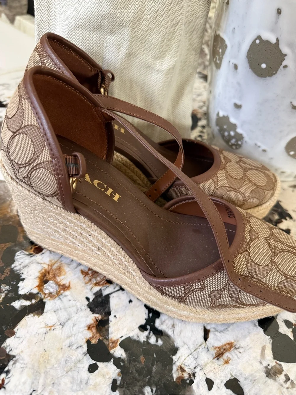 Coach Brown Signature Canvas Espadrille Wedge Sandals
